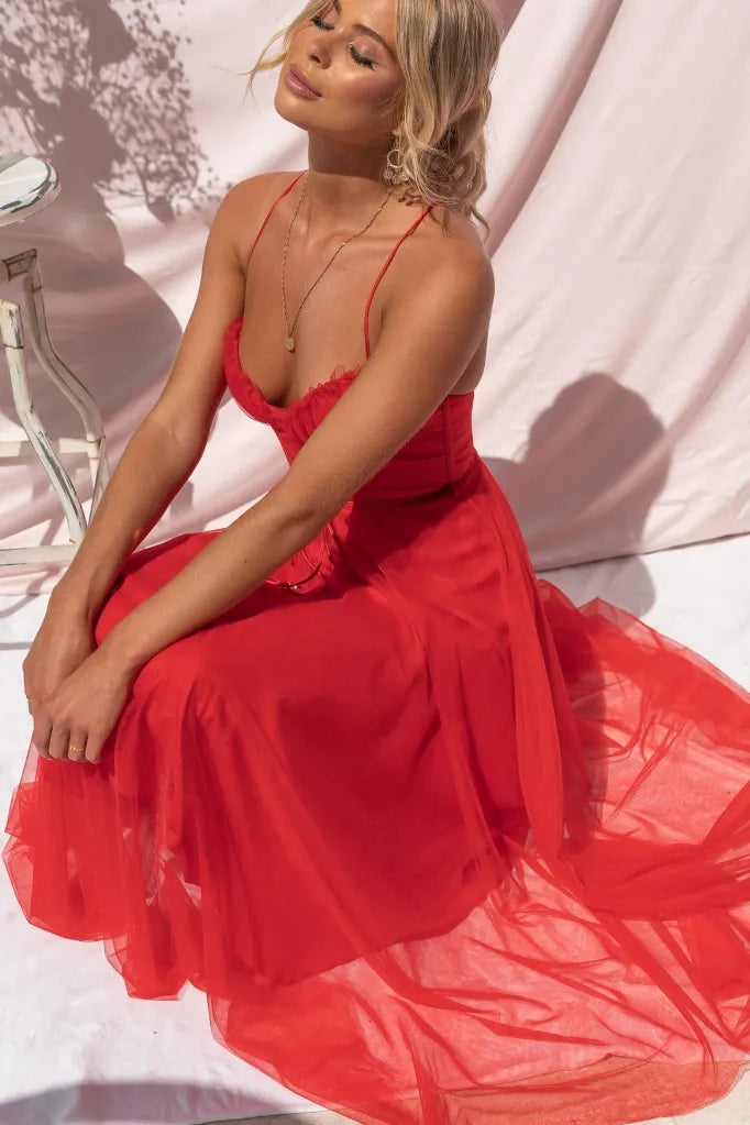 Women's Summer Midi Dress for Wedding Guests in Czerwony