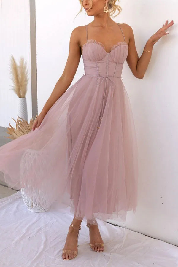 Women's Summer Midi Dress for Wedding Guests in Różowy