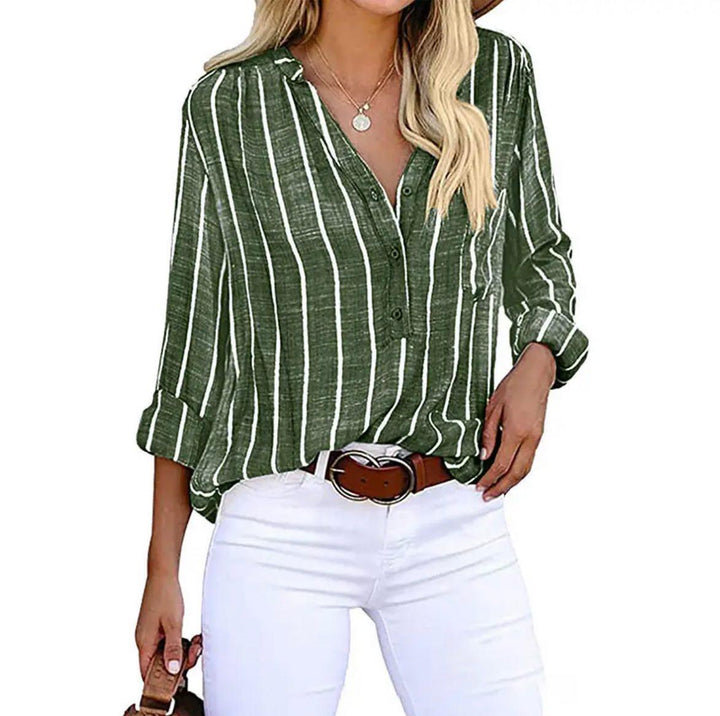 Women's Summer Striped Linen Blouse in Green