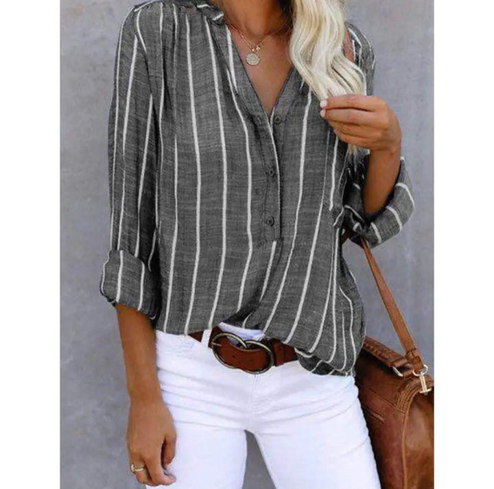 Women's Summer Striped Linen Blouse in Grey