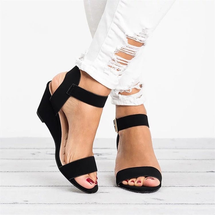 Women's Summer Wedge Sandal with Ankle Strap in Black