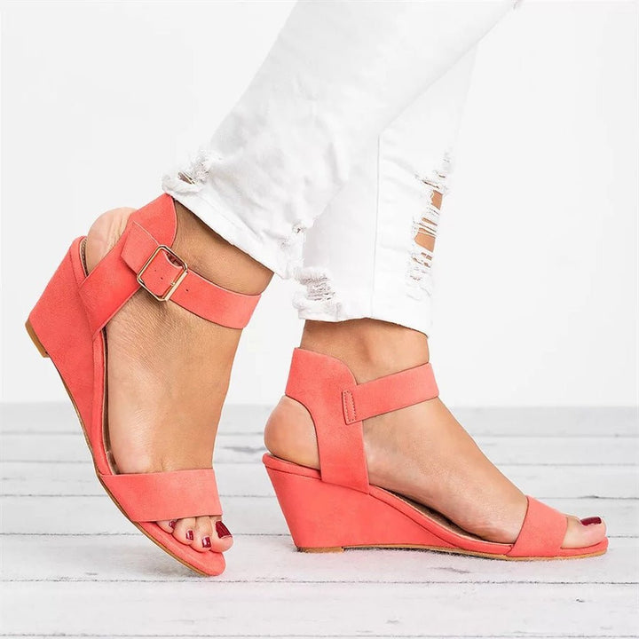 Women's Summer Wedge Sandal with Ankle Strap in Light Red
