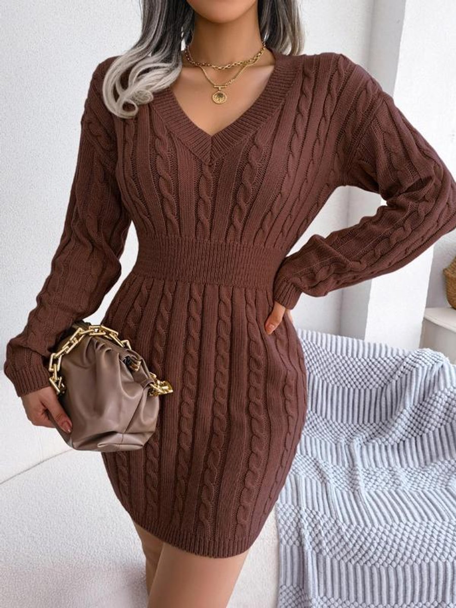 Women's Tailored Cable Knit Jumper Dress in Kaffeebraun