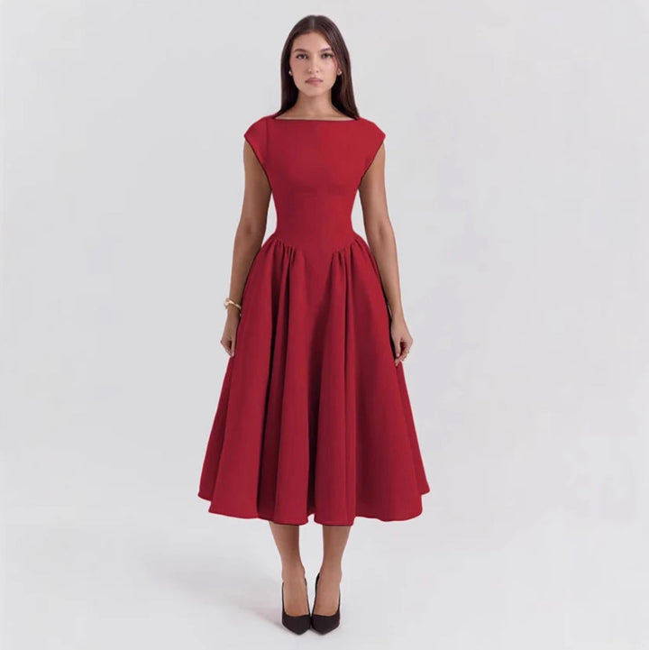 Women's Tailored Cap Sleeve Midi Dress for Wedding Guests in Red