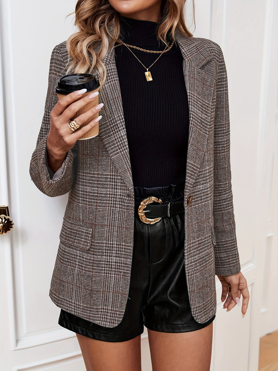 Women's Tailored Plaid Jacket for Fall in Coffee