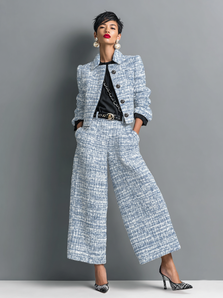 Women's Tailored Textured Jacket Set in Blue