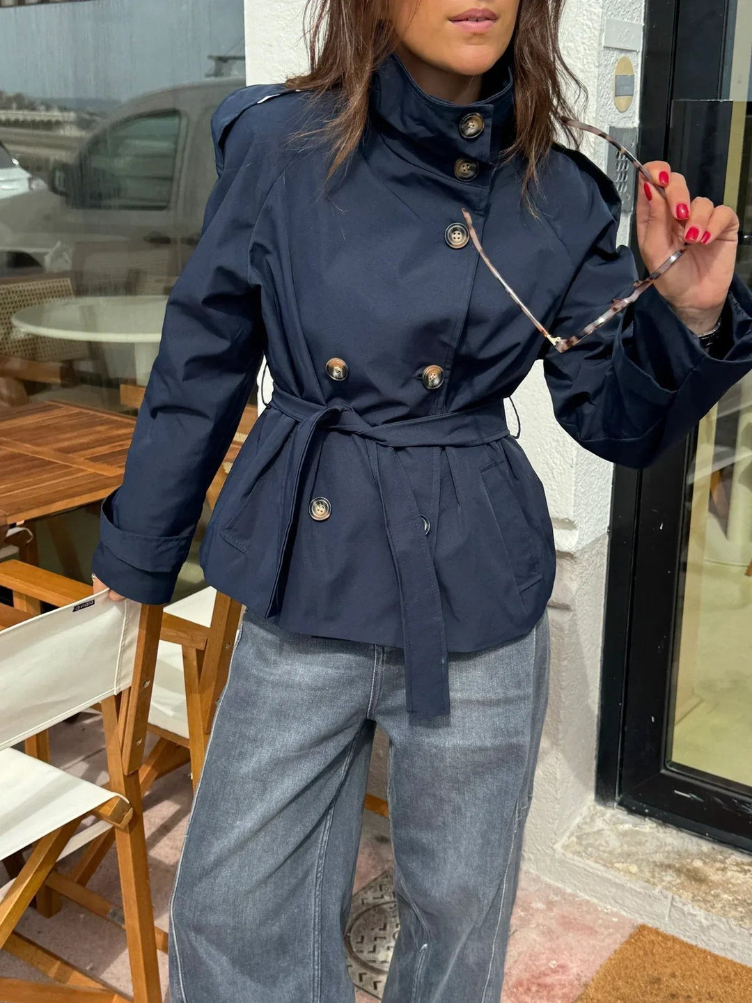 Women's Tailored Trench Coat with Water-Repellent Protection in Dark Blue