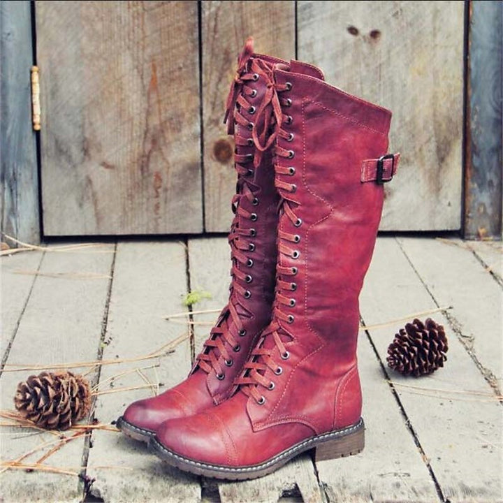 Women's Tall Leather Lace-Up Boots in Red