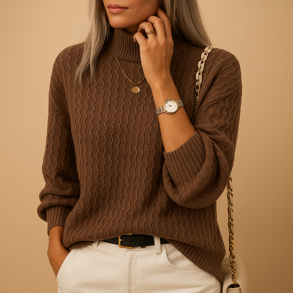 Women's Textured Knit Turtleneck Jumper in Dark Brown