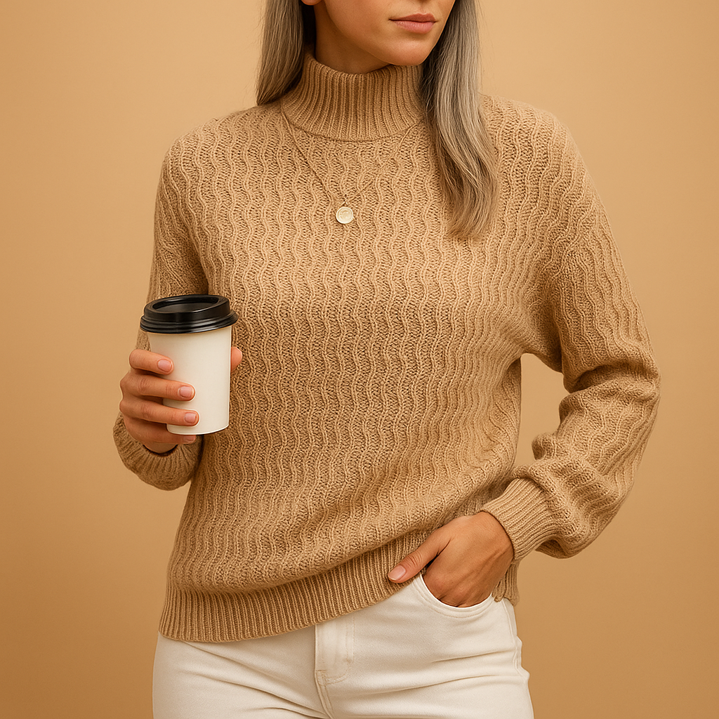 Women's Textured Knit Turtleneck Jumper in Light Brown