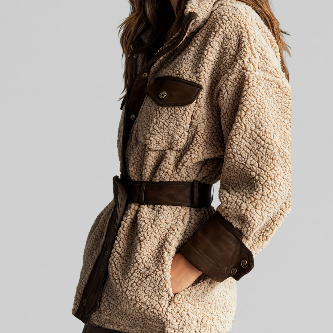 Women's Textured Teddy Coat with Belted Waist (3)