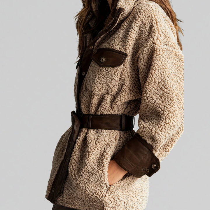 Women's Textured Teddy Coat with Belted Waist (3)