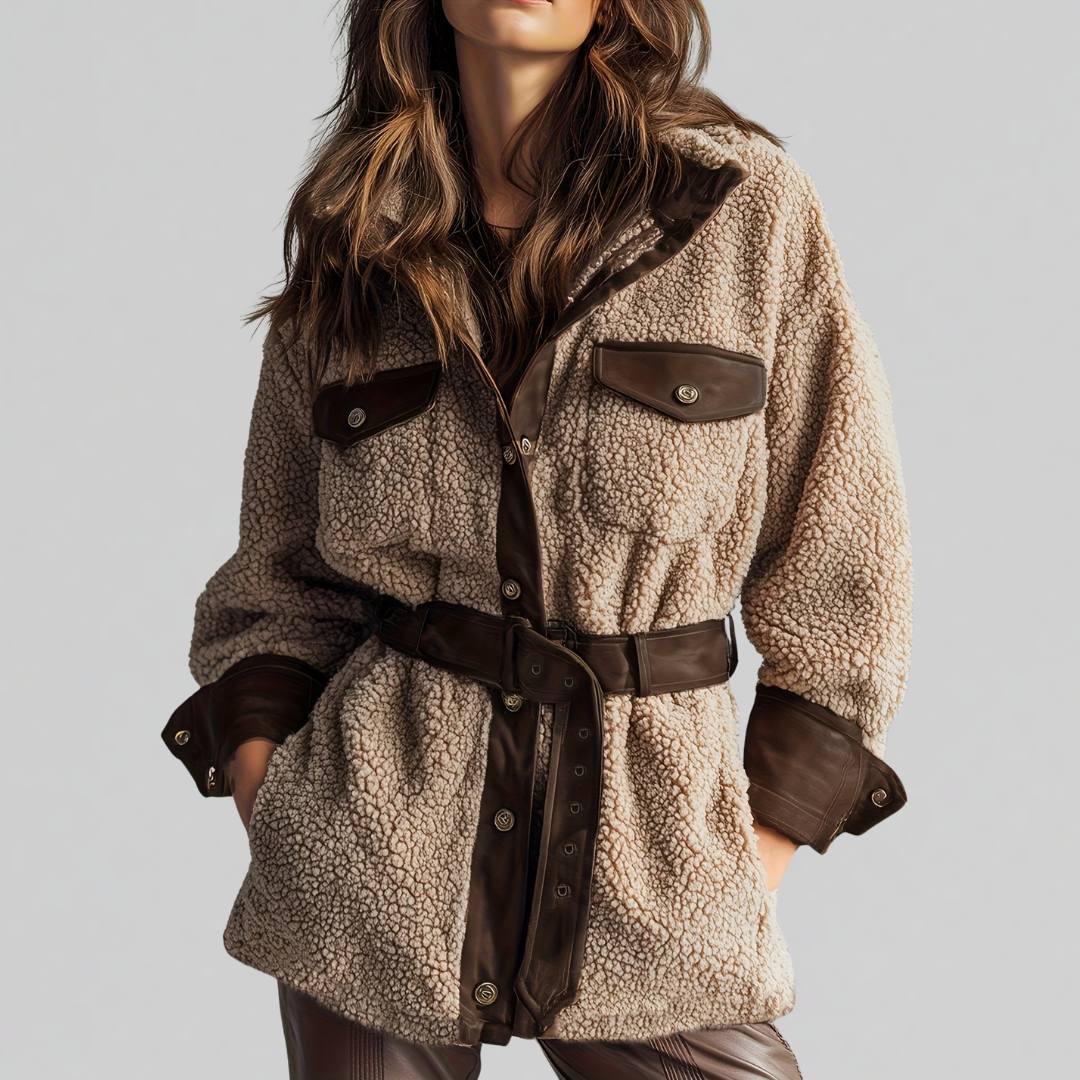 Women's Textured Teddy Coat with Belted Waist in Brown