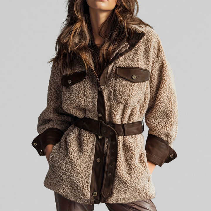 Women's Textured Teddy Coat with Belted Waist in Brown