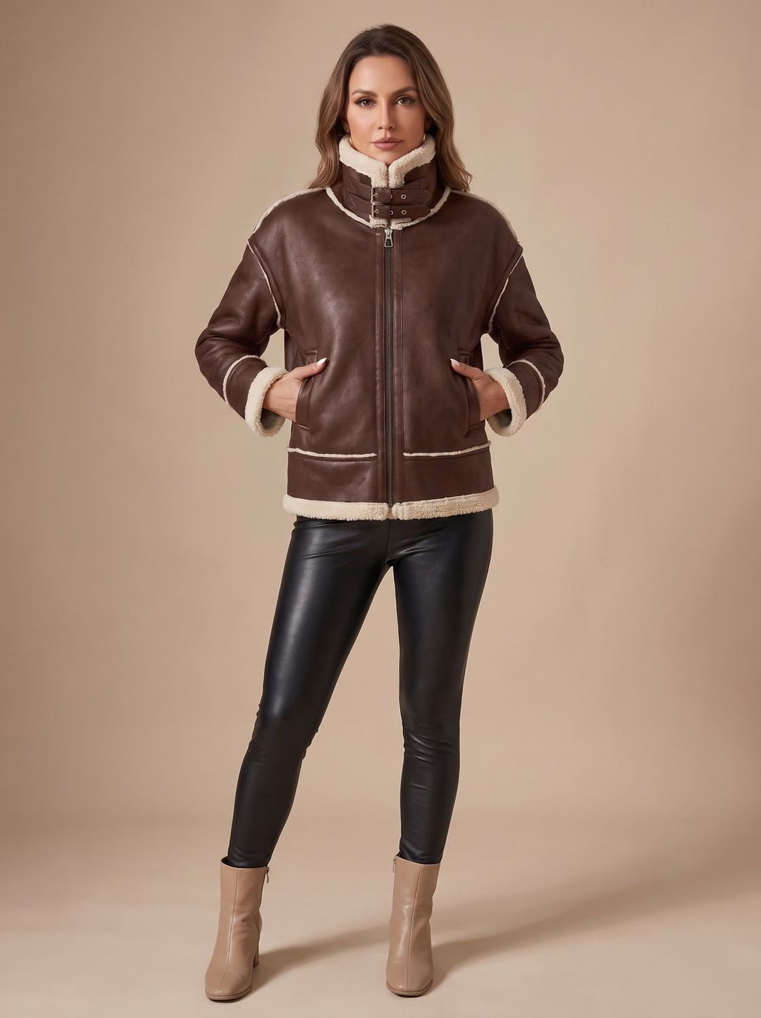 Women's Trench Coat Aviator Jacket in Black 4