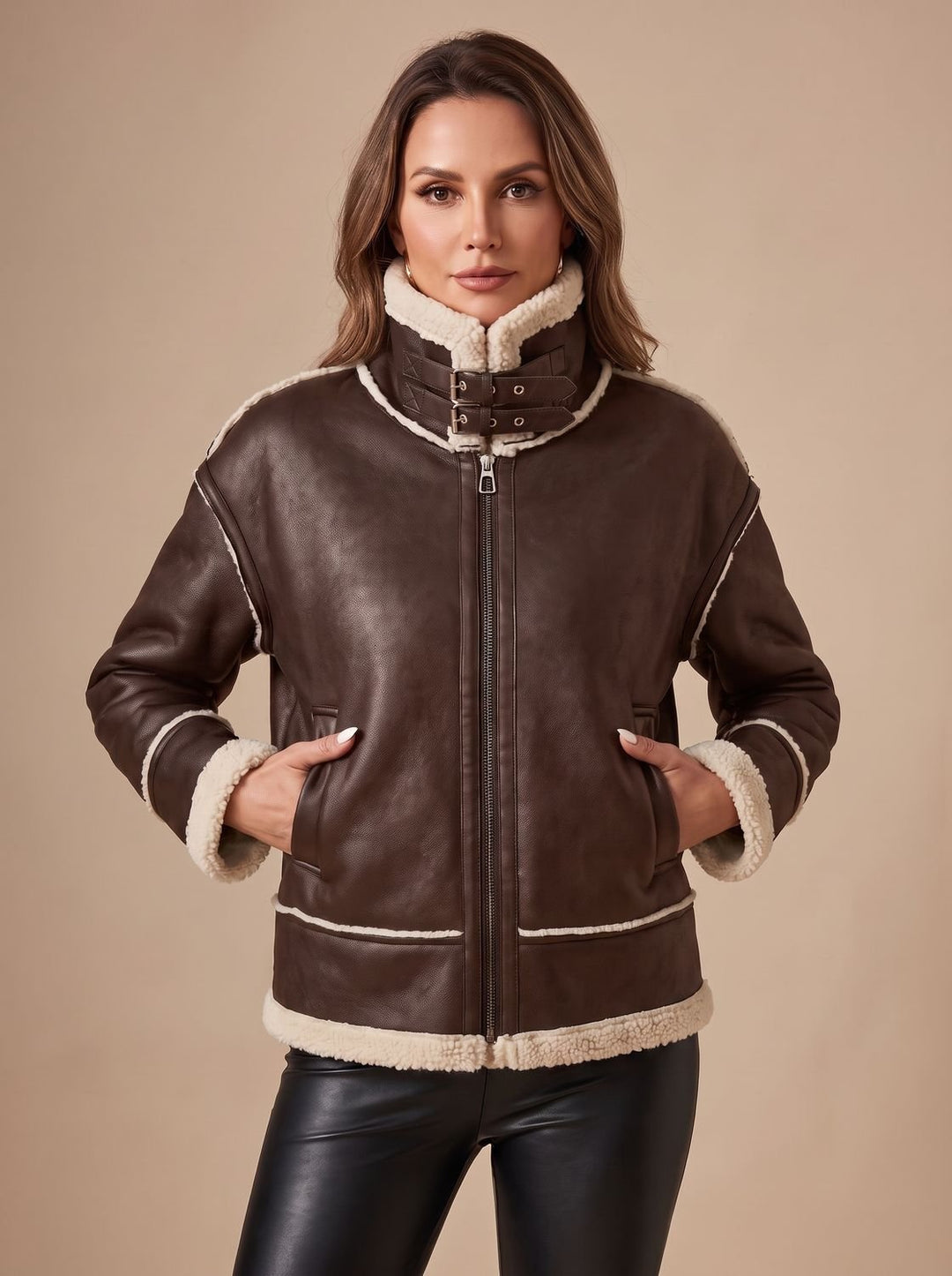 Women's Trench Coat Aviator Jacket in Brown