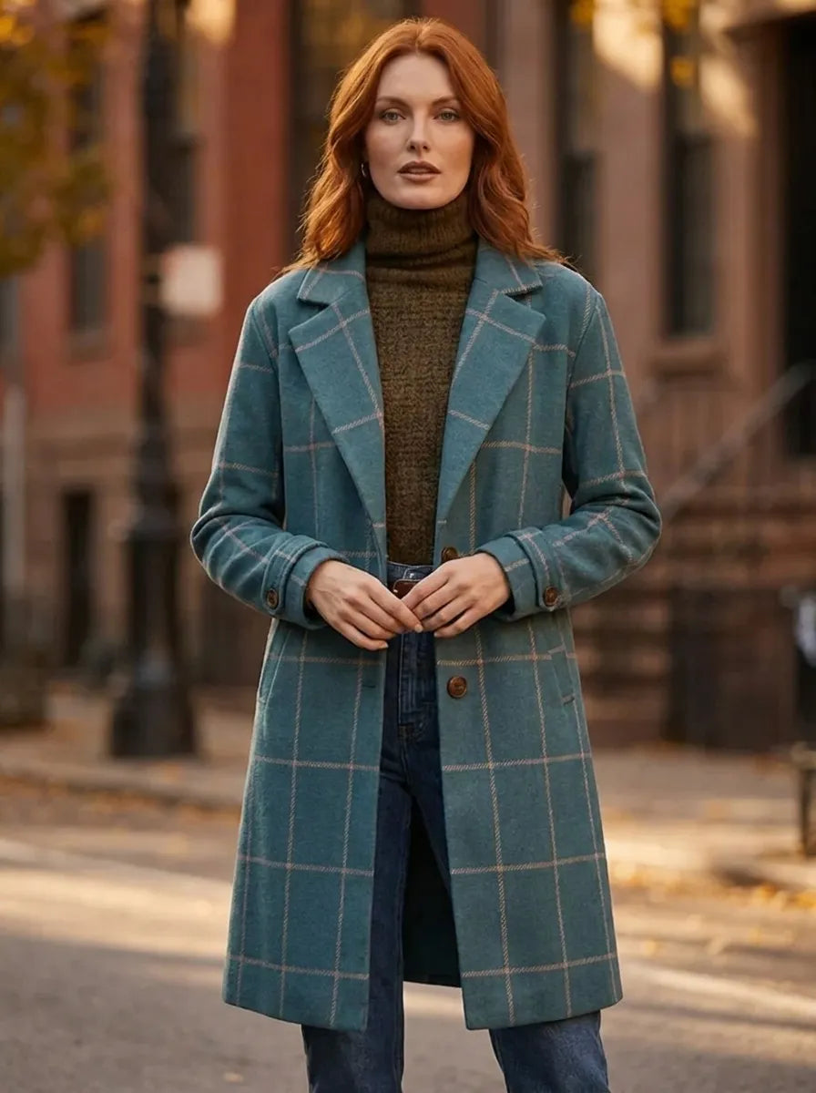 Women's Trench Coat with Check Pattern in Dark Green