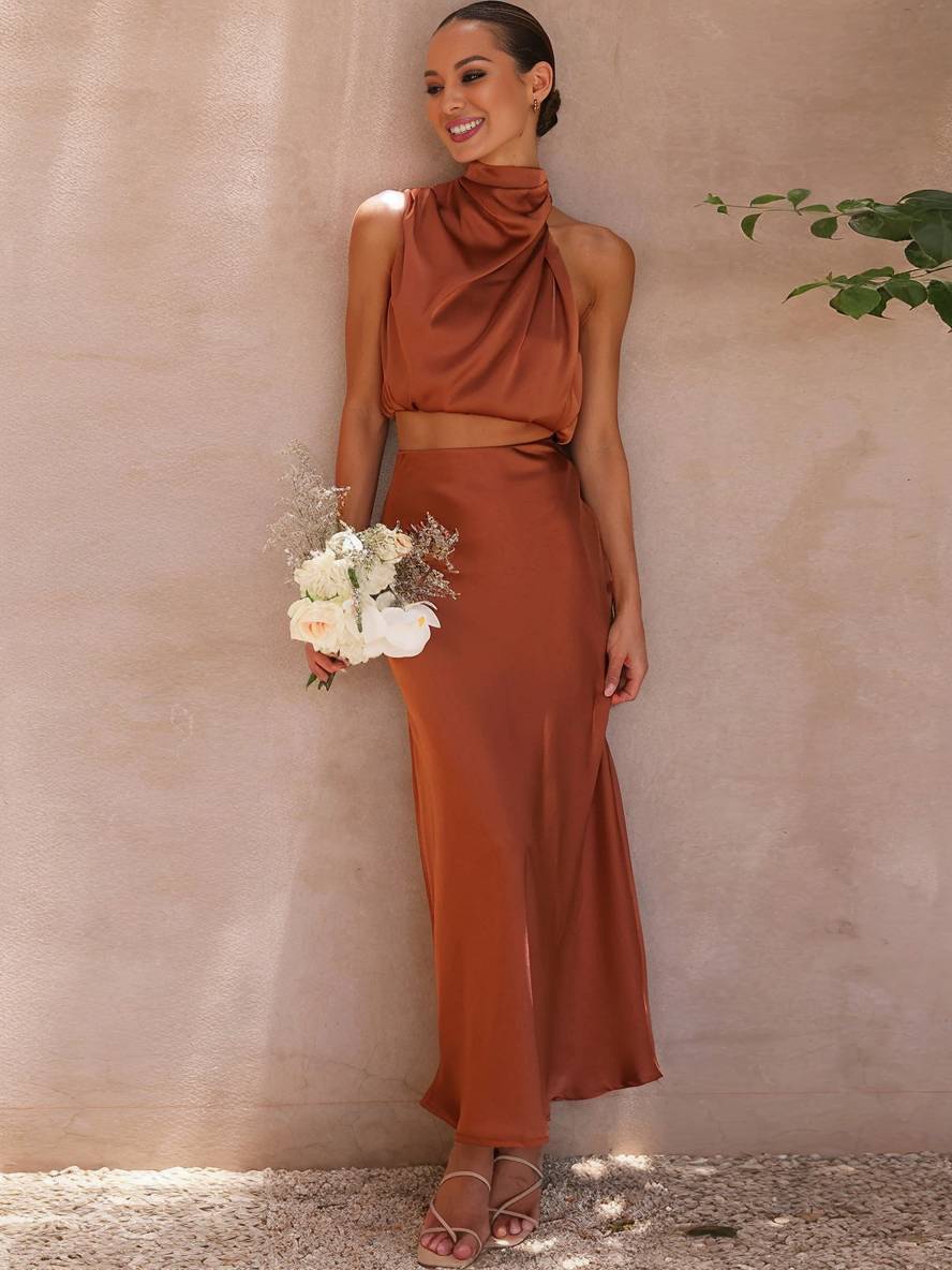 Women's Two-Piece Wedding Guest Set for Summer in Orange