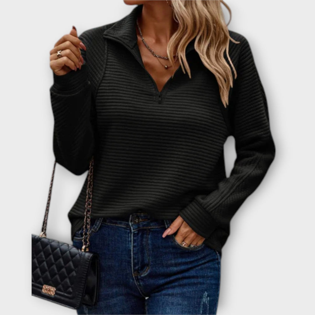 Women's V-Neck Zipper Sweater for Everyday Elegance in Black