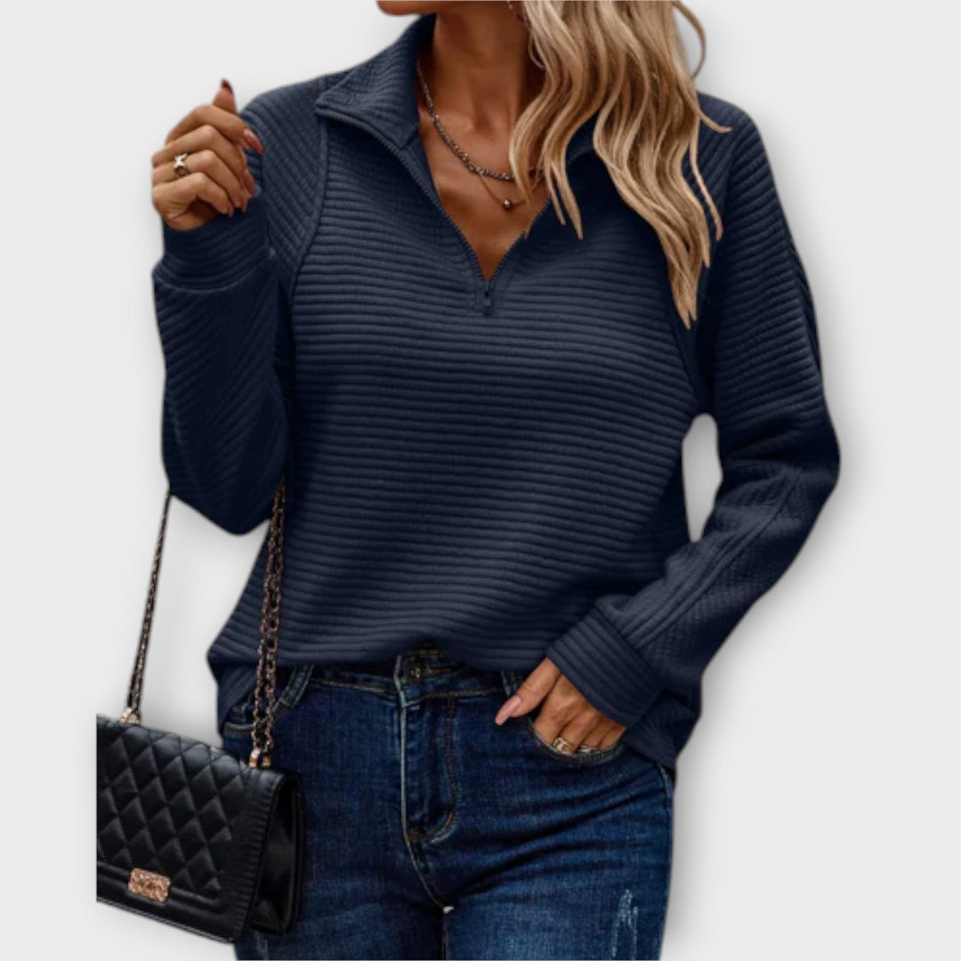 Women's V-Neck Zipper Sweater for Everyday Elegance in Blue