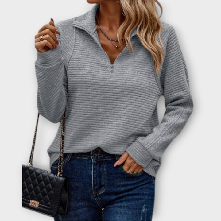 Women's V-Neck Zipper Sweater for Everyday Elegance in Grey