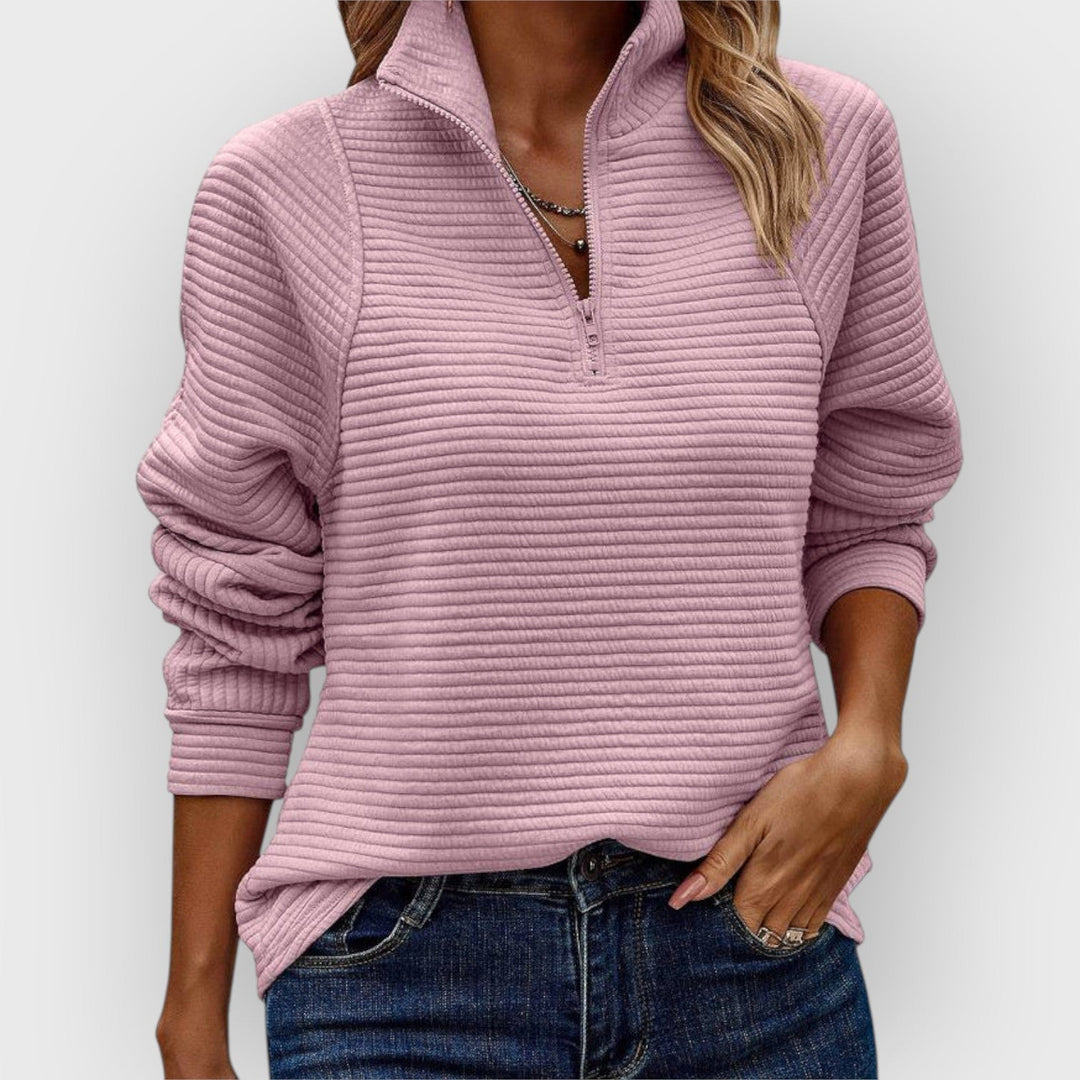 Women's V-Neck Zipper Sweater for Everyday Elegance in Light Pink