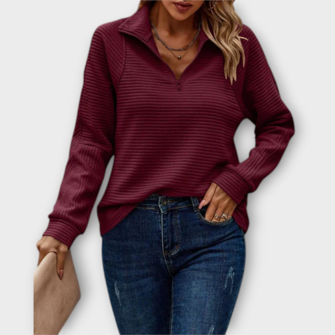 Women's V-Neck Zipper Sweater for Everyday Elegance in Red