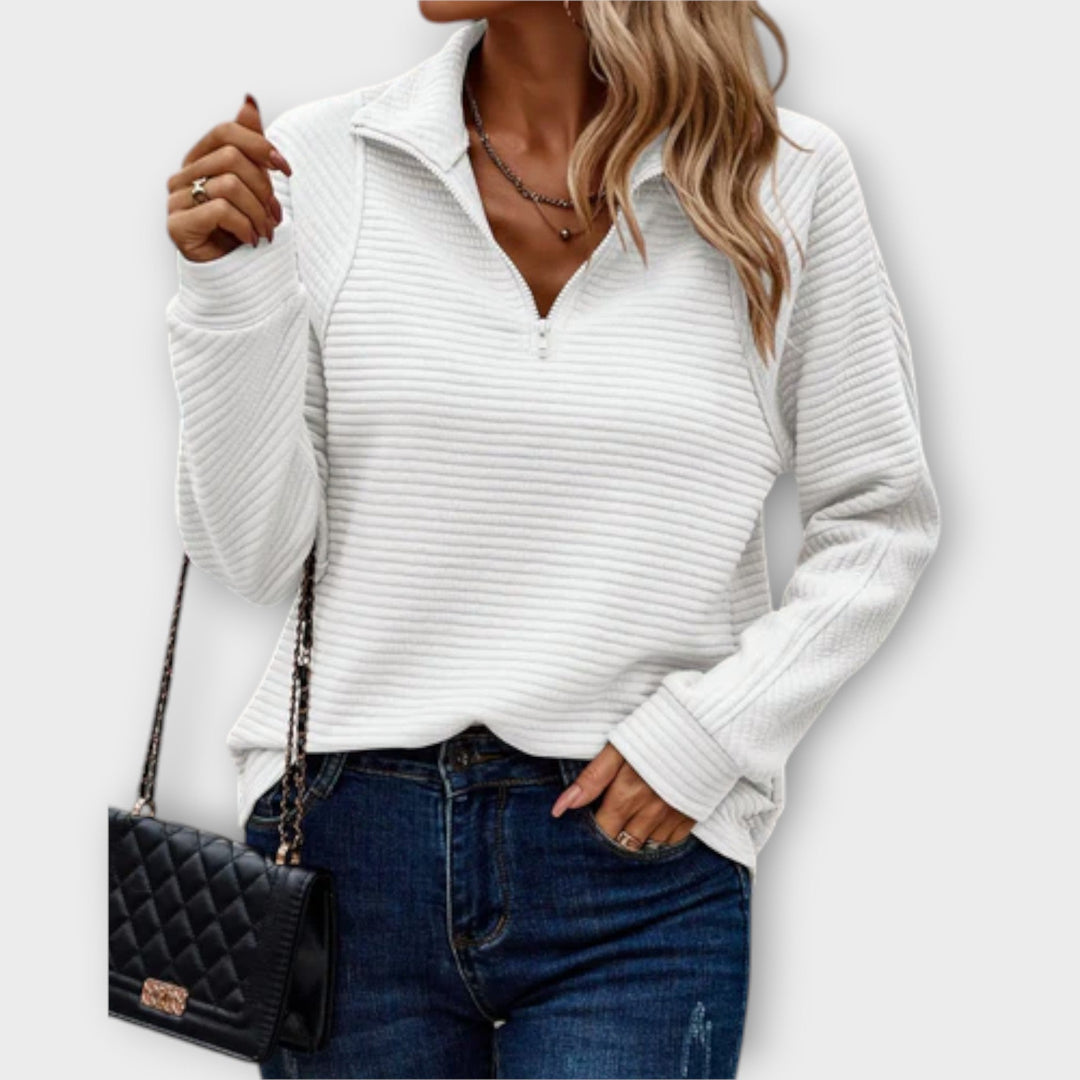 Women's V-Neck Zipper Sweater for Everyday Elegance in White