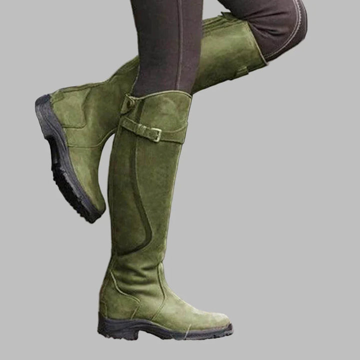 Women's Versatile Leather Boots for Autumn in Green