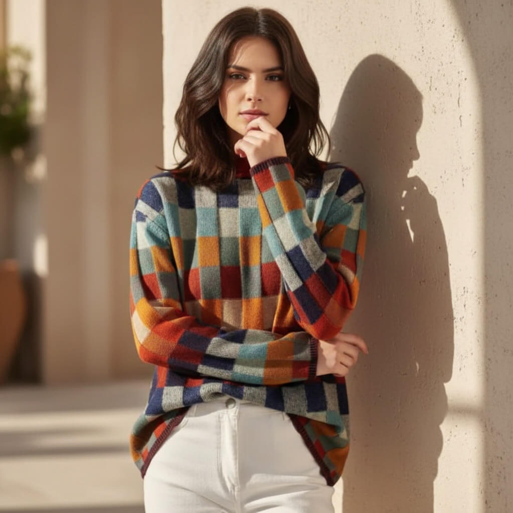 Women's Vibrant Merino Checkered Jumper (3)