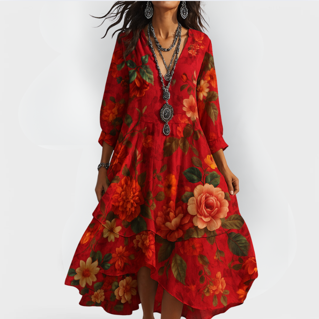 Women's Vintage Boho Floral Summer Dress in Red