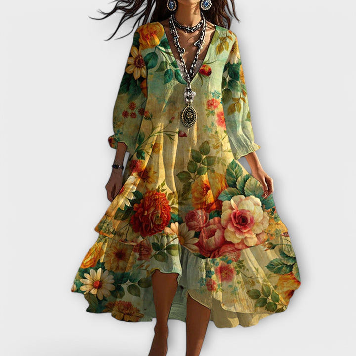 Women's Vintage Boho Floral Summer Dress in Yellow