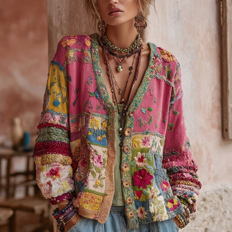 Women's Vintage Boho Knit Cardigan in Pink