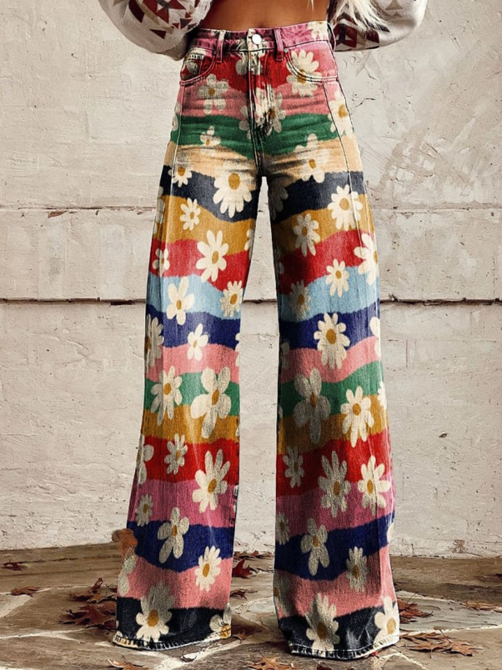 Women's Vintage Daisy Printed Wide-Leg Jeans