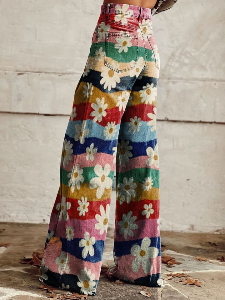 Women's Vintage Daisy Printed Wide-Leg Jeans in Multicolour