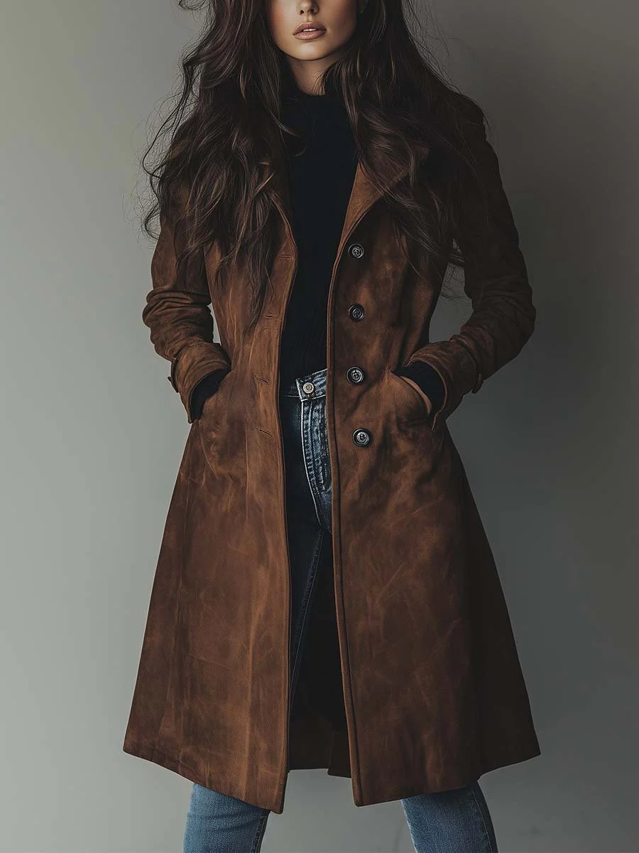 Women's Vintage Winter Coat in Classic Trench Style in Brown