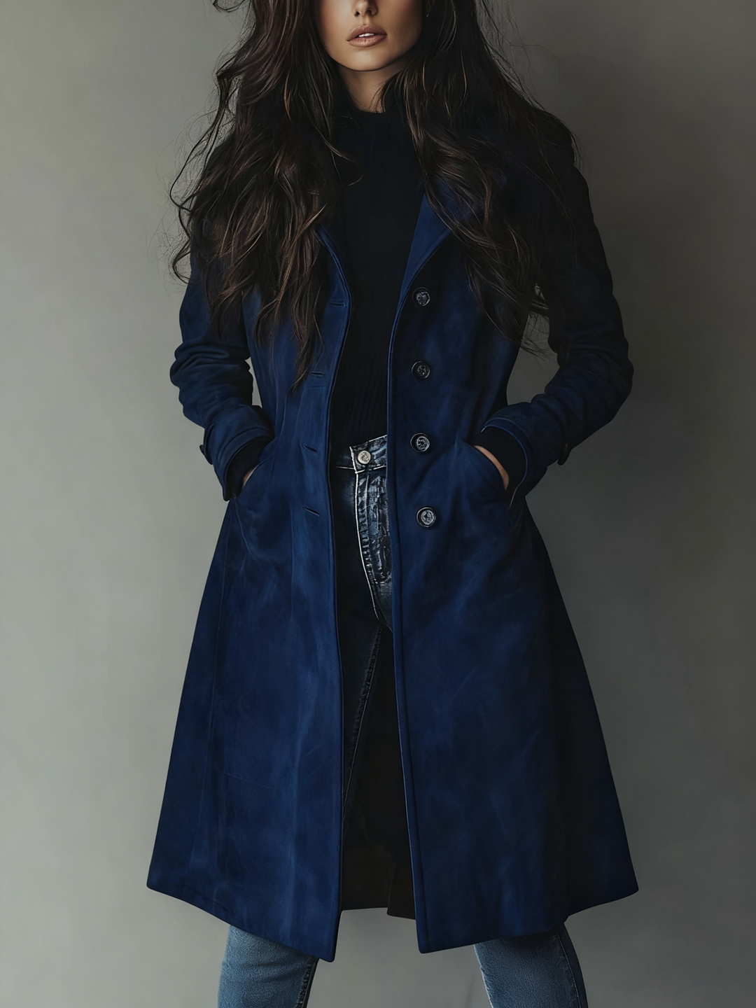 Women's Vintage Winter Coat in Classic Trench Style in Dark Blue