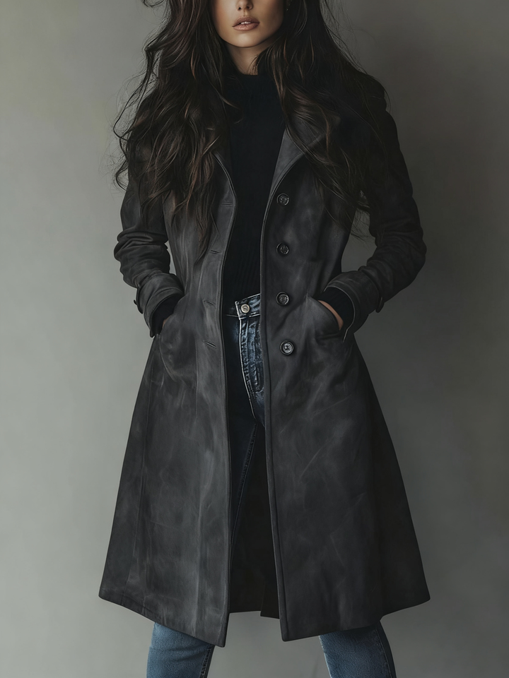 Women's Vintage Winter Coat in Classic Trench Style in Dark Grey