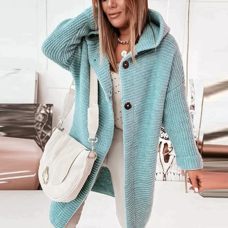 Women's Warm Cardigan with Hood for Autumn in Blue