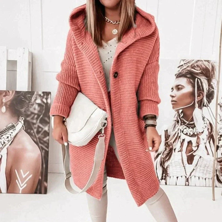 Women's Warm Cardigan with Hood for Autumn in Red