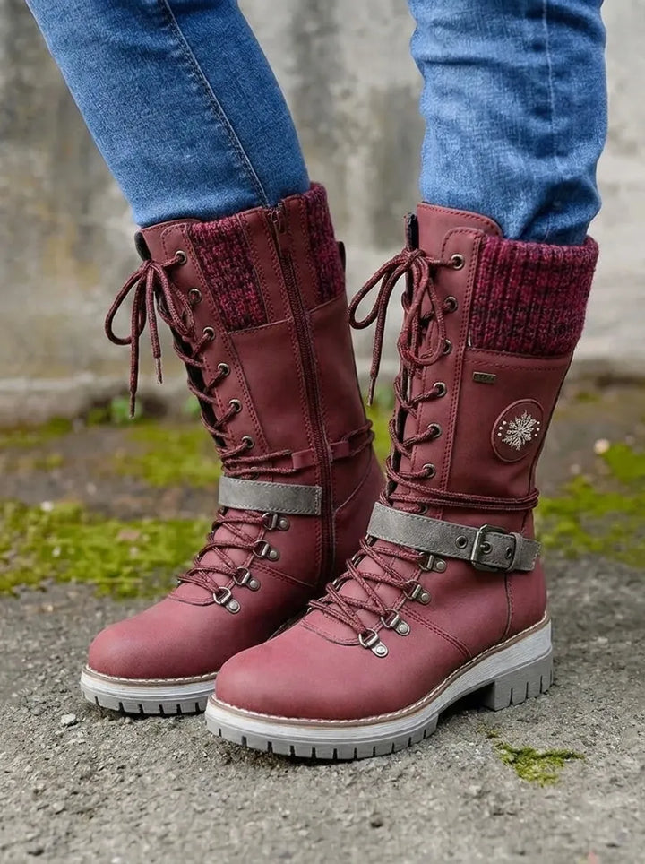 Women's Waterproof Black Knee High Boots in Red