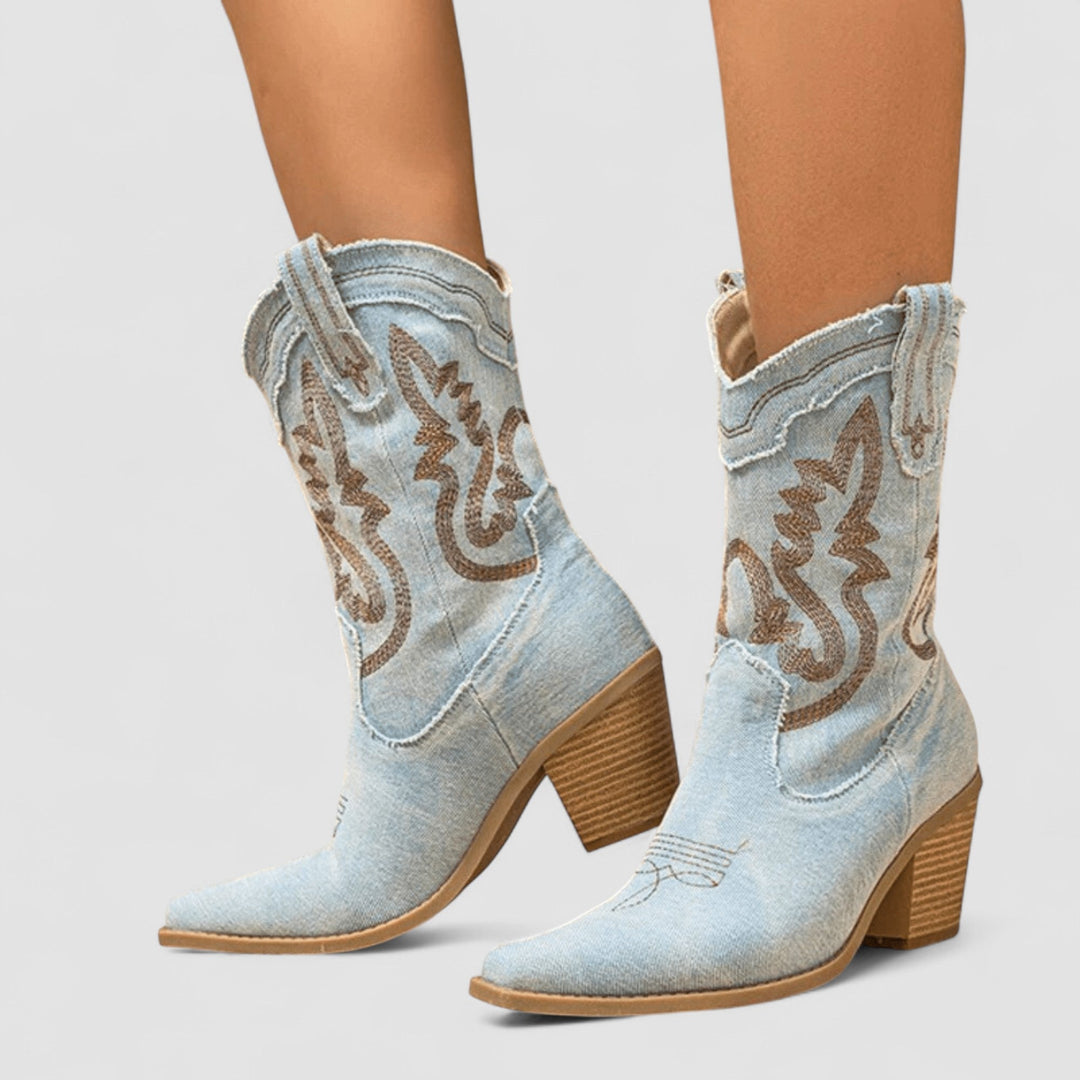 Women's Western Ankle Boots for Autumn in Light Blue