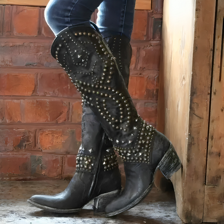 Women's Western Studded Knee-High Boots in Black