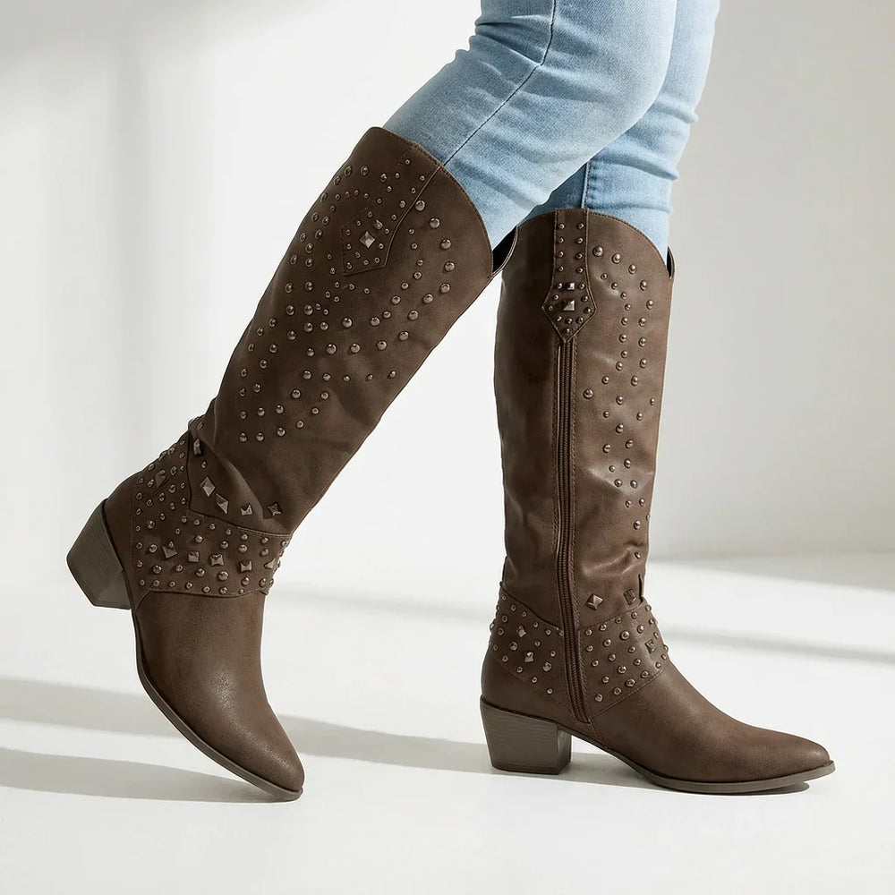 Women's Western Studded Knee-High Boots in Brown