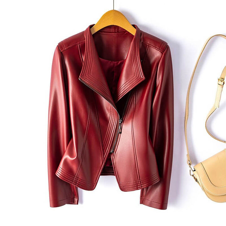 Women's Wide Lapel Vegan Leather Trench Coat in Crimson Red