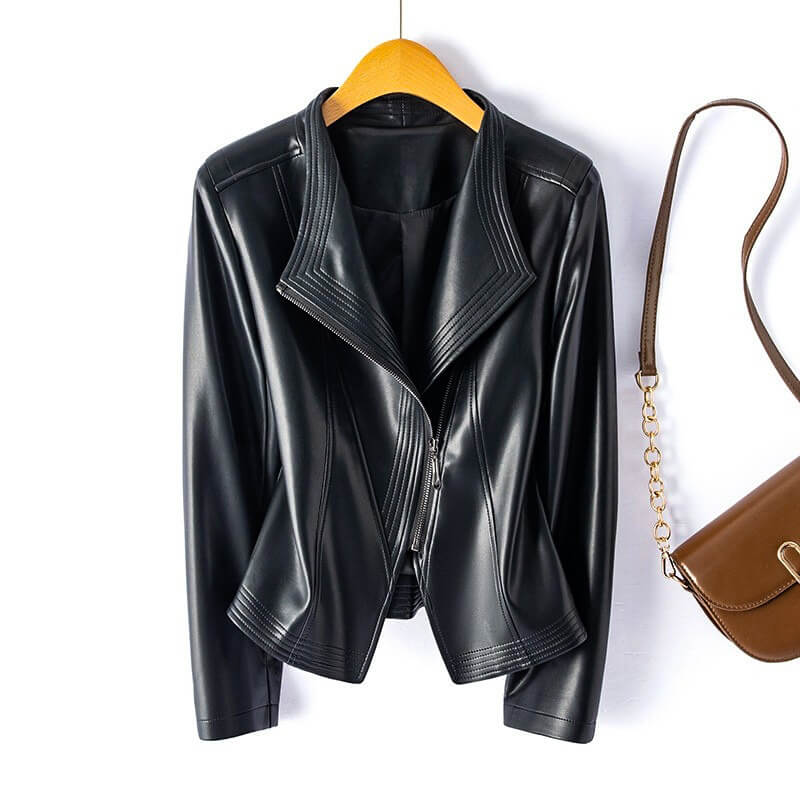 Women's Wide Lapel Vegan Leather Trench Coat in Jet Black