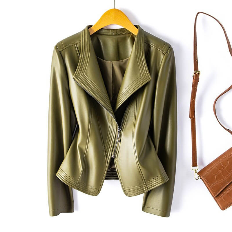 Women's Wide Lapel Vegan Leather Trench Coat in Olive Green