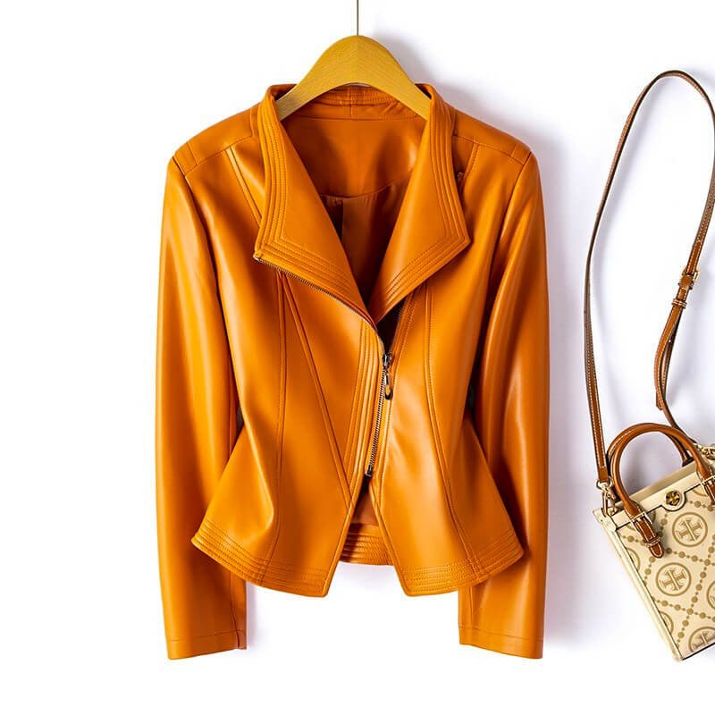 Women's Wide Lapel Vegan Leather Trench Coat in Saffron Orange