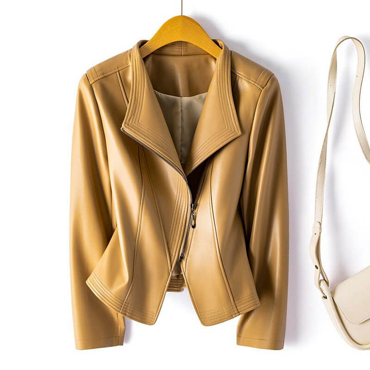 Women's Wide Lapel Vegan Leather Trench Coat in Warm Beige