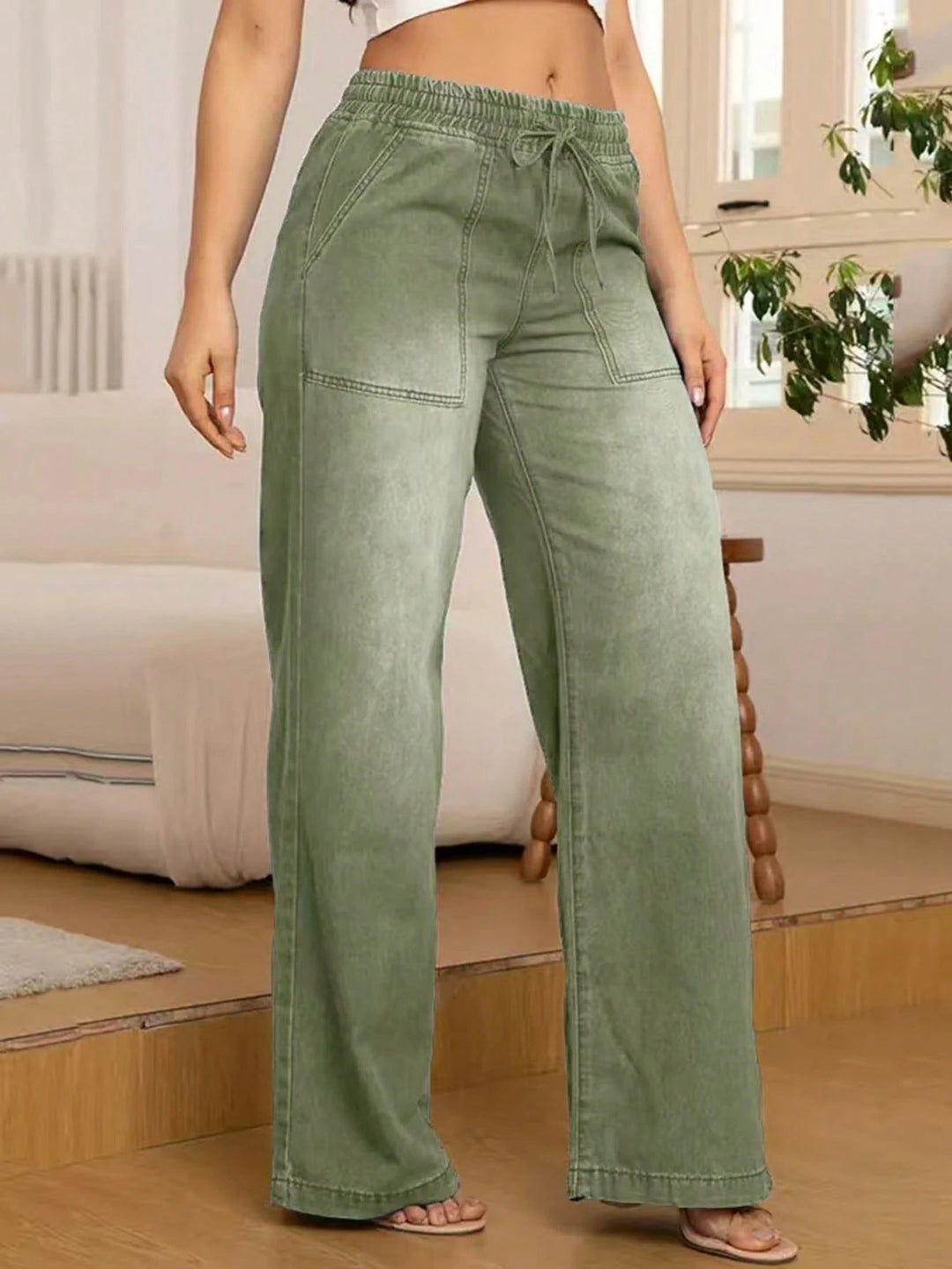 Women's Wide Leg Jeans with Drawstring Waist in Green